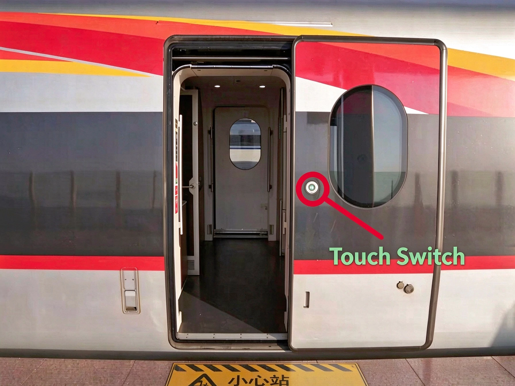 ELEsenson touch switch mounted on high-speed train door, train exterior view, touch sensor for railway vehicle door control