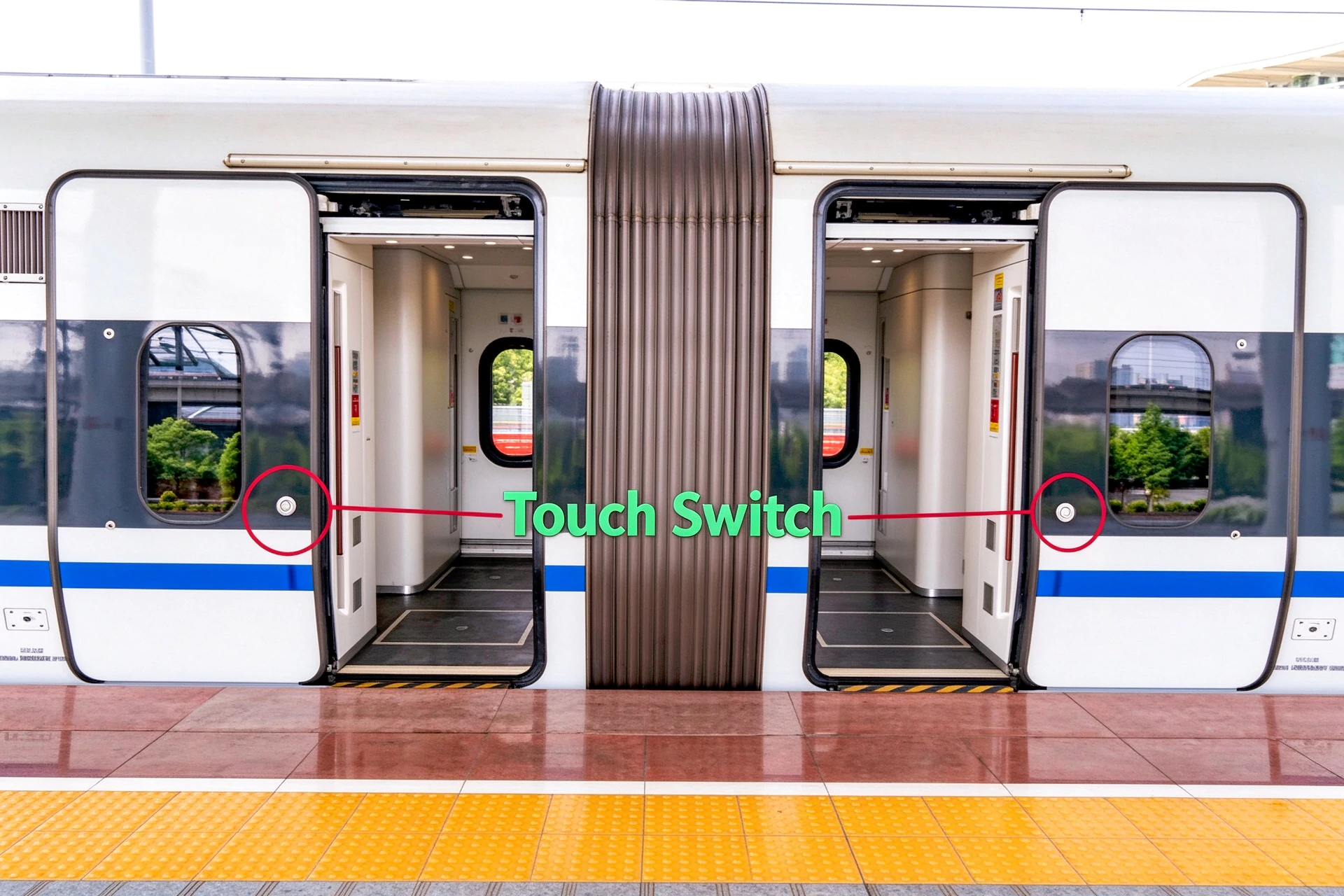 ELEsenson touch switches on both sides of high-speed train passenger doors, railway platform application of touch sensors