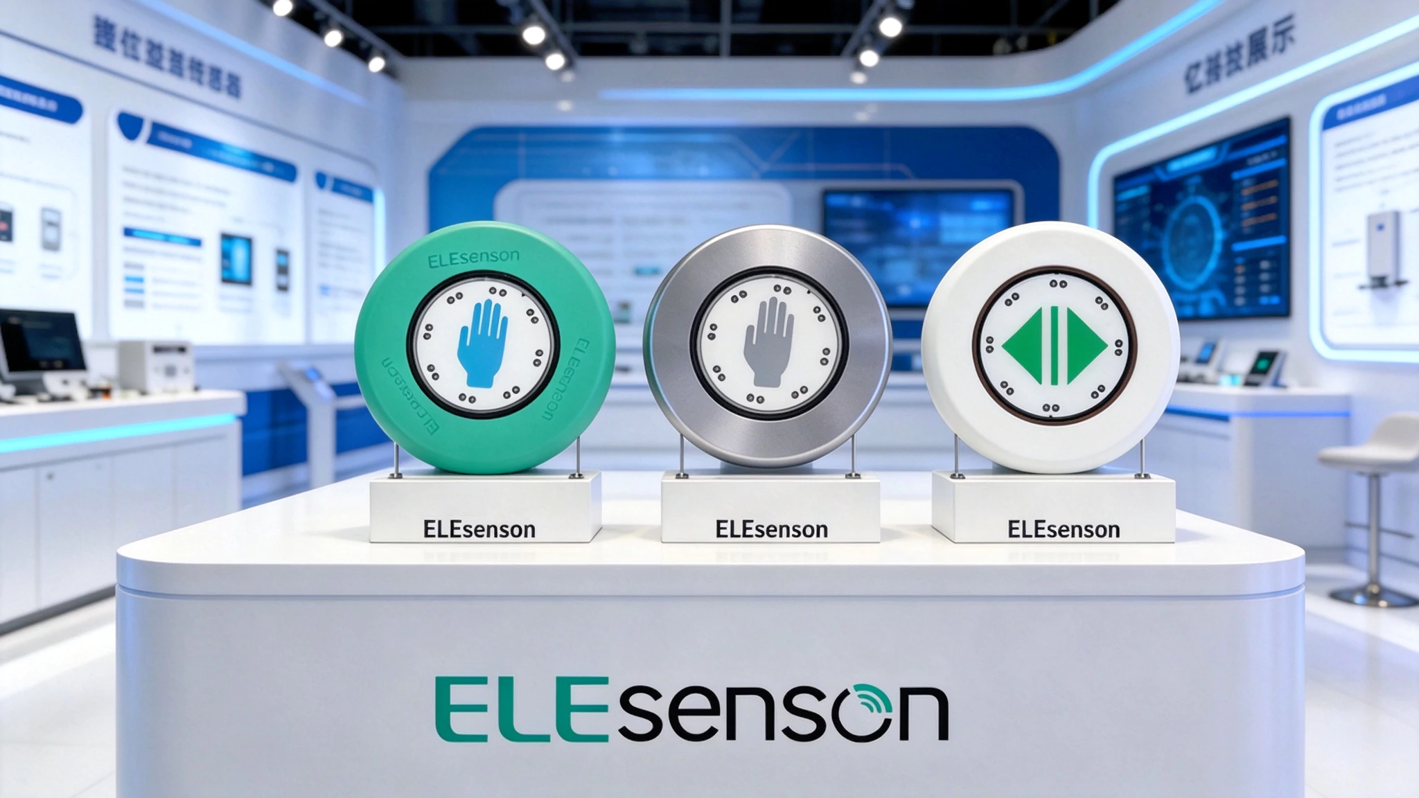ELEsenson touch switch product showcase on exhibition booth, 3 types of circular touch sensor units for rail transit