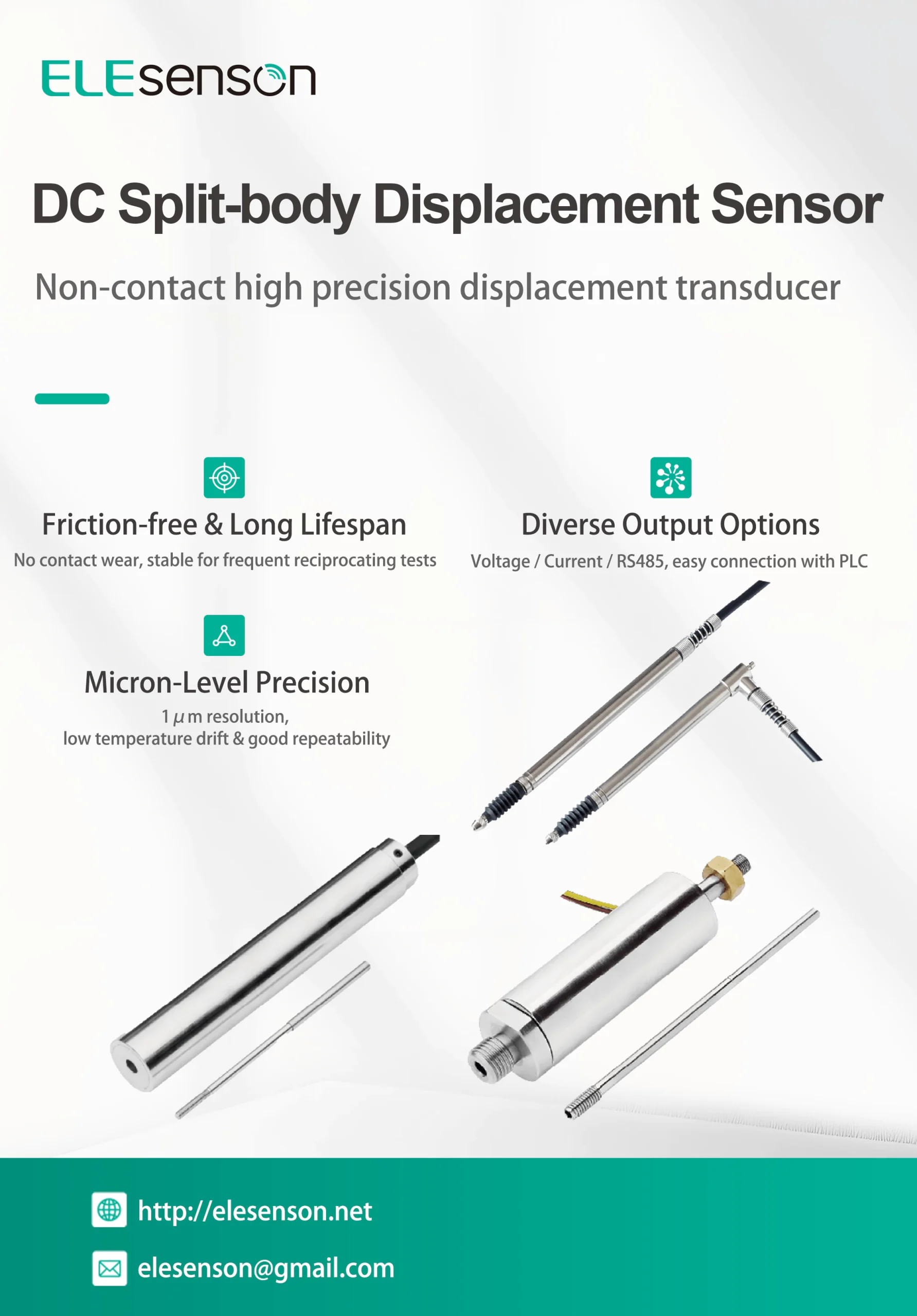 Elesenson DC split-body displacement sensors, LVDT position transducers for industrial measurement