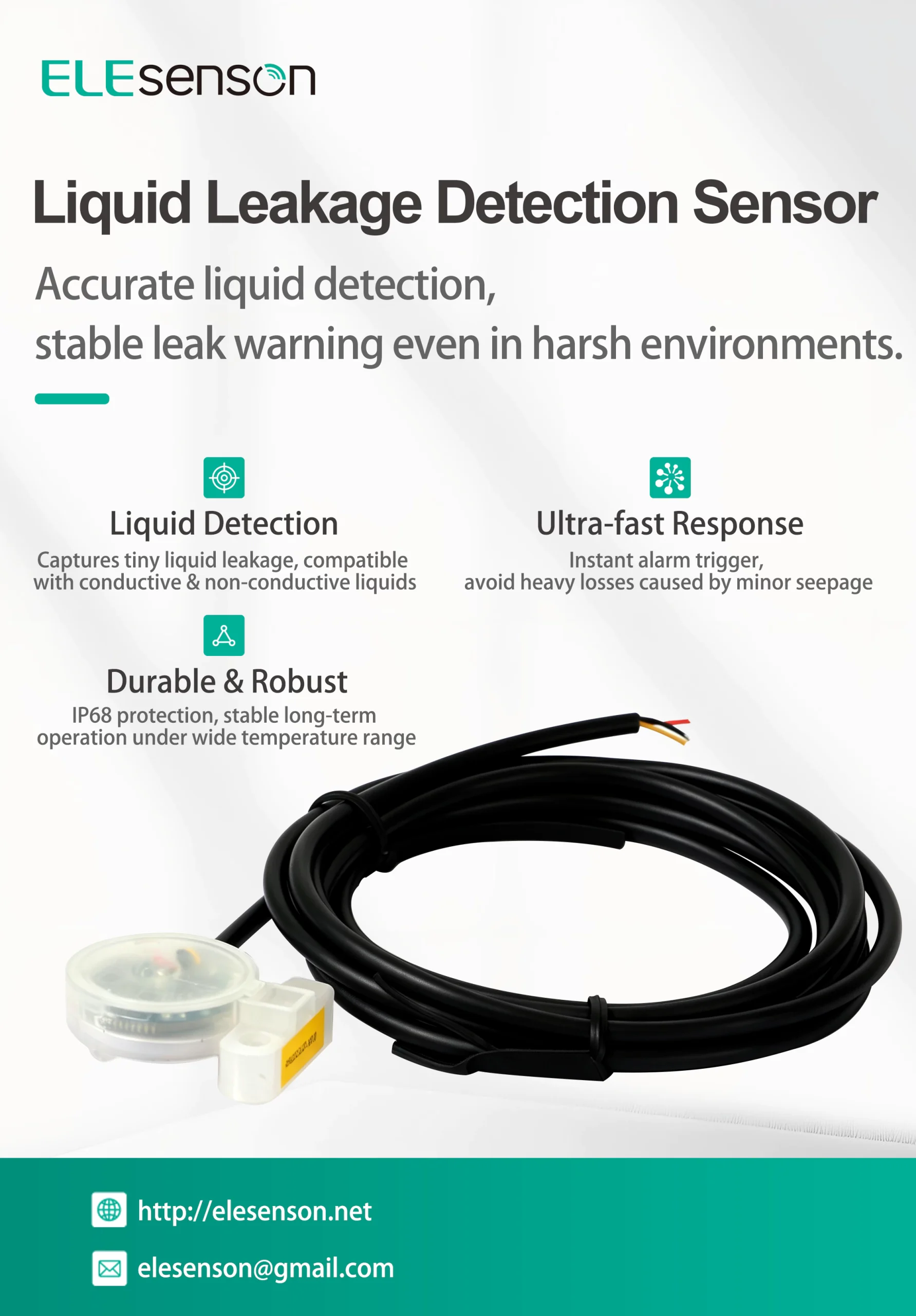 Liquid Leakage Detection Sensor, IP68 optical leak sensor for industrial liquid leakage monitoring
