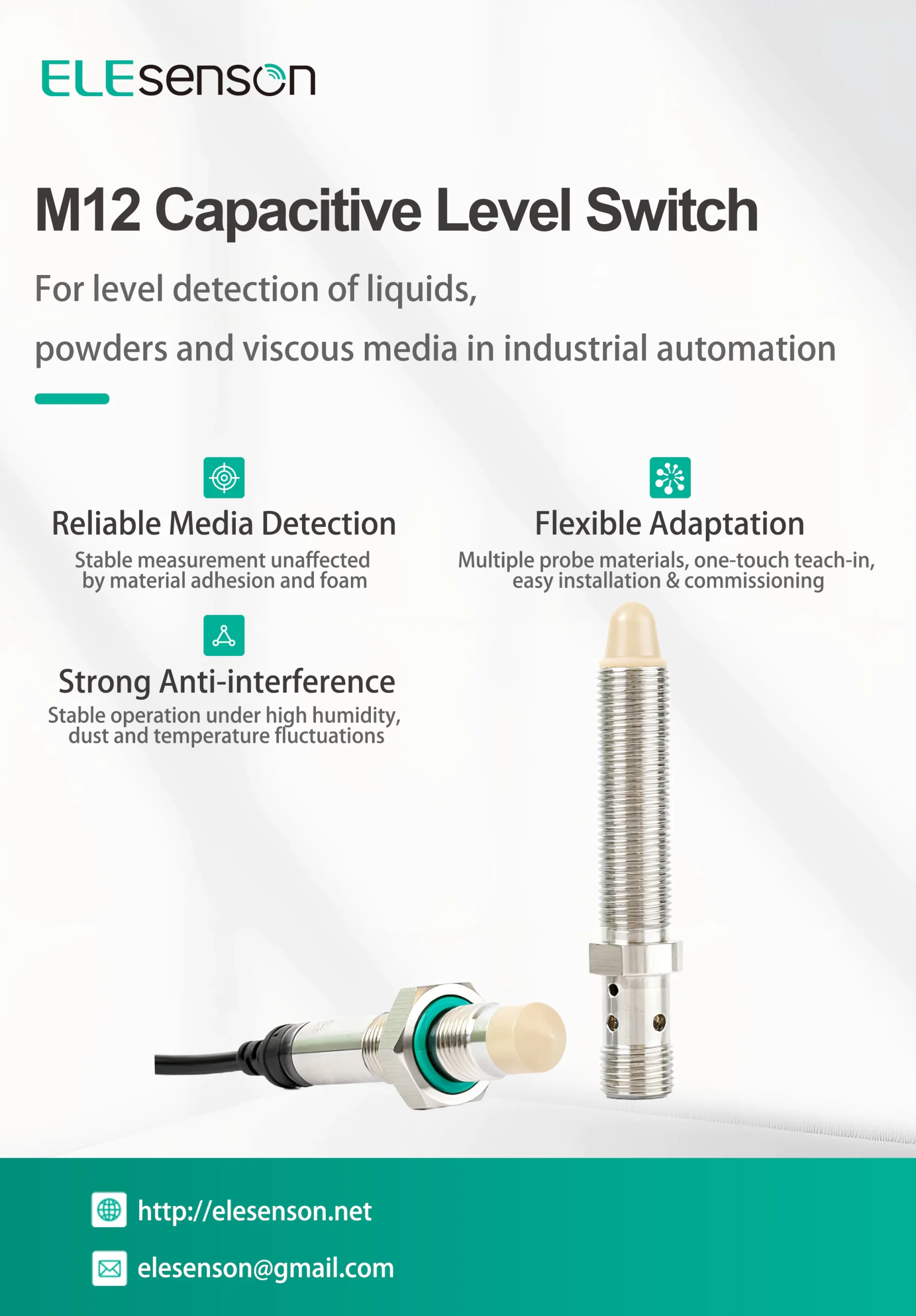M12 capacitive level switch Elesenson, industrial level sensor for liquid powder viscous media level detection