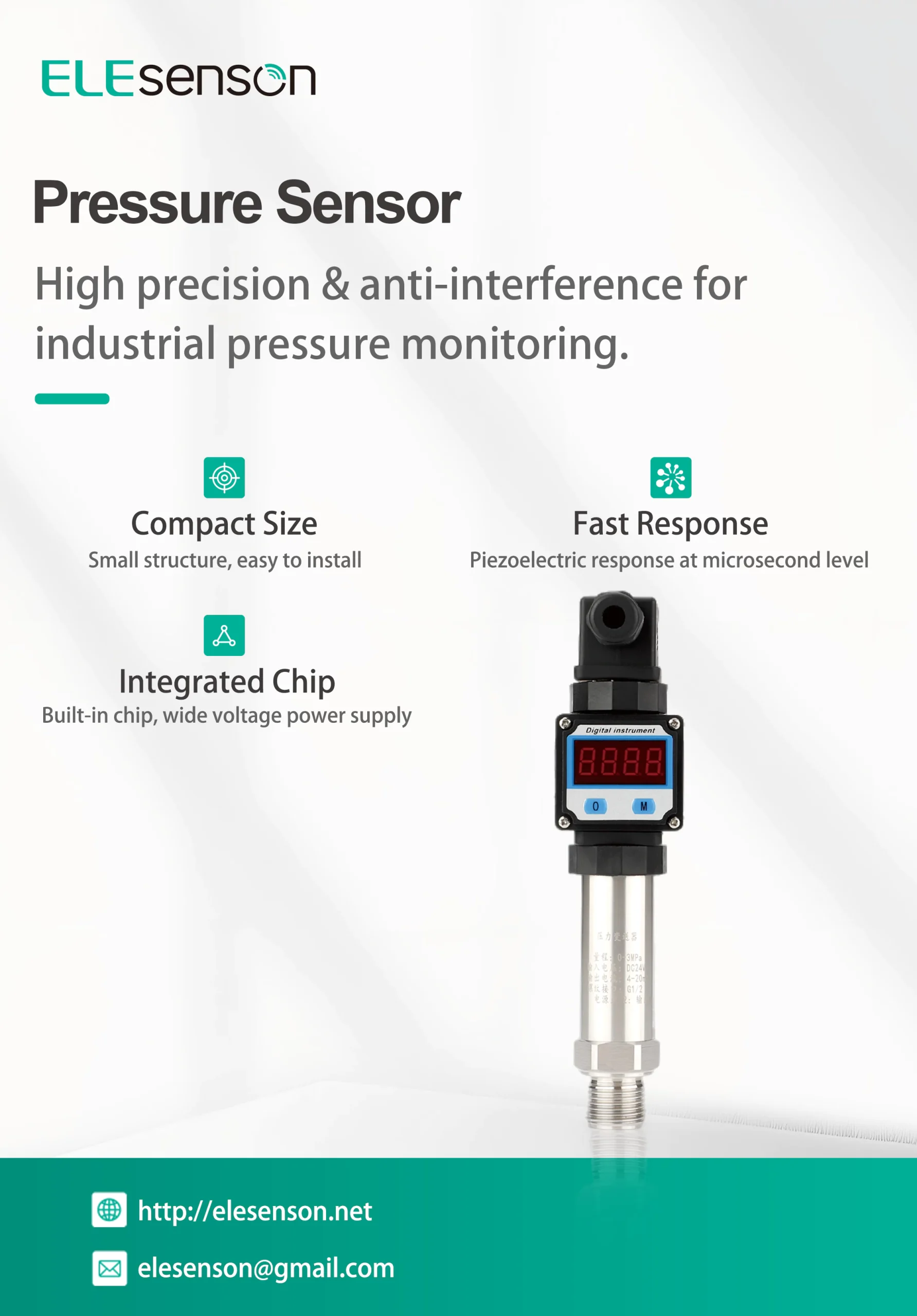 Elesenson E308 series pressure sensor, stainless‑steel industrial pressure transmitter for liquid and gas monitoring