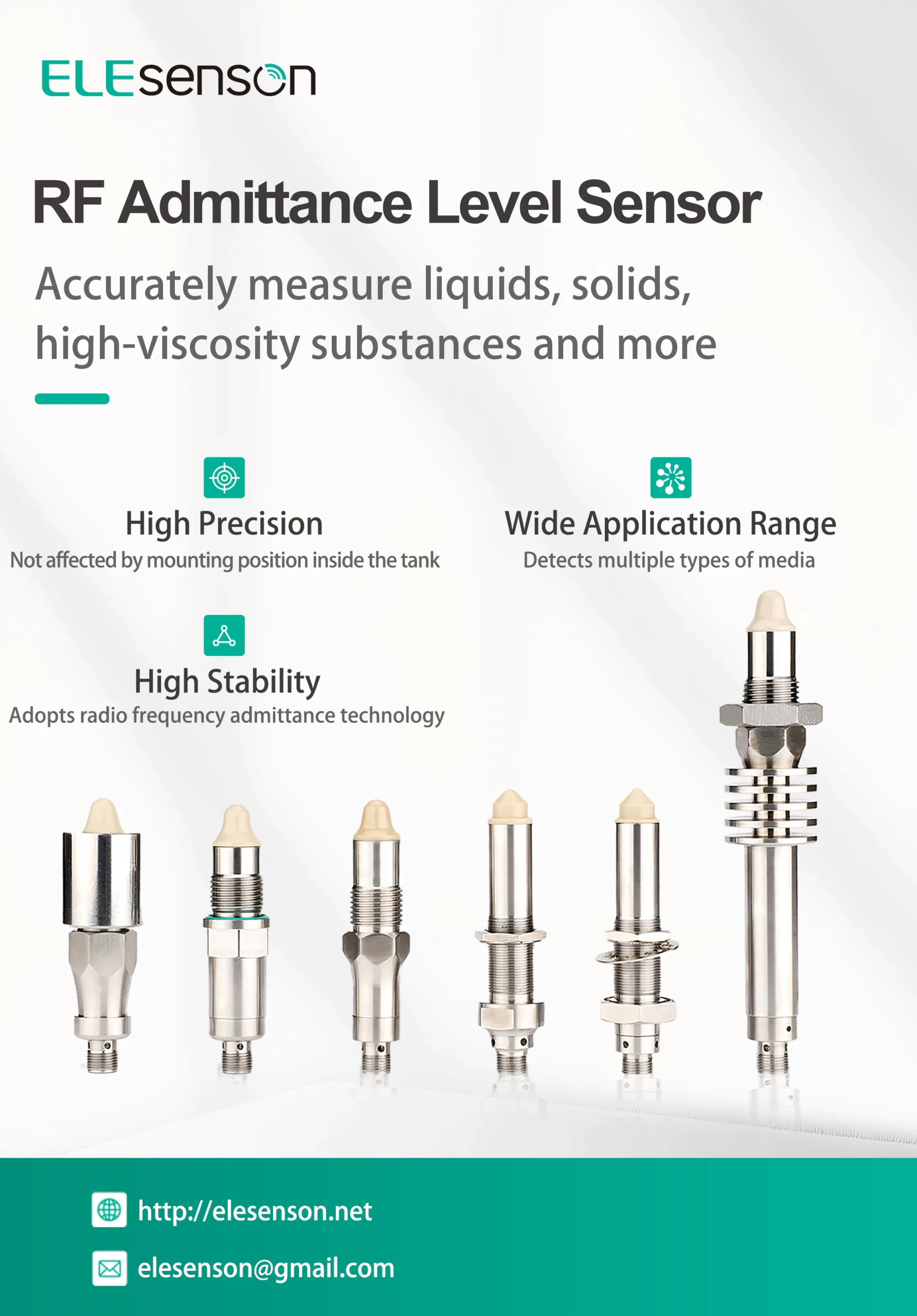 RF admittance level sensor Elesenson, stainless steel probe for liquid solid high viscosity material level measurement