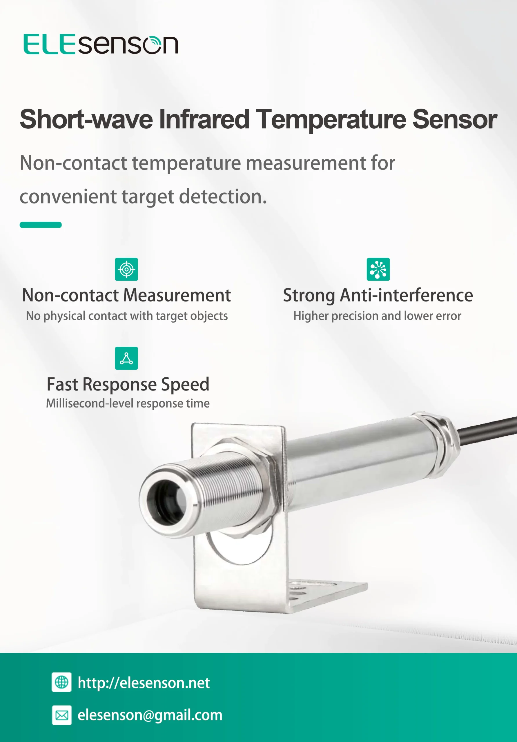 Elesenson short-wave infrared temperature sensor, non contact infrared temperature transmitter with fast millisecond response for industrial object temperature measurement