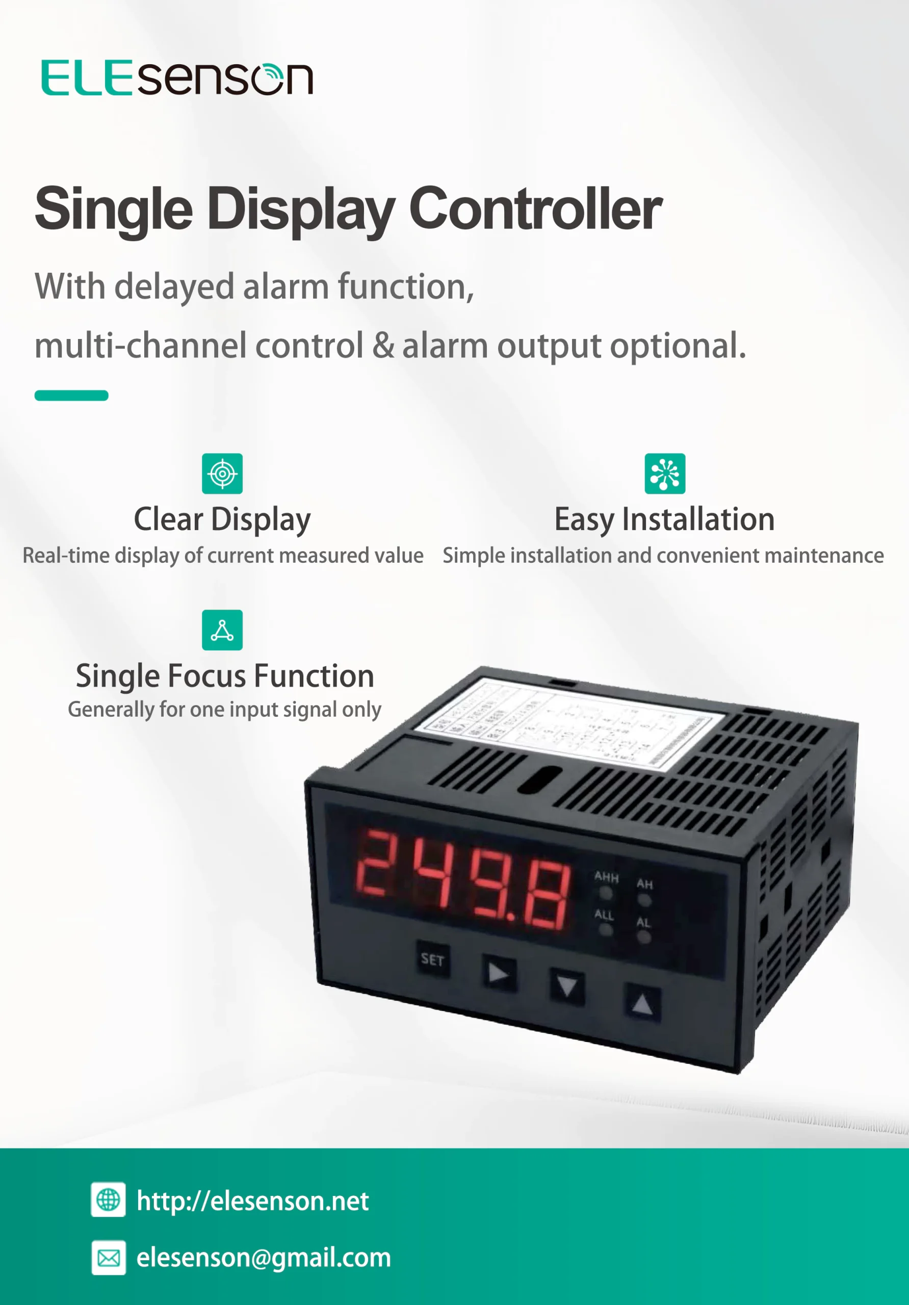 Elesenson single display controller, digital LED indicator with delayed alarm function for industrial temperature level pressure signal monitoring