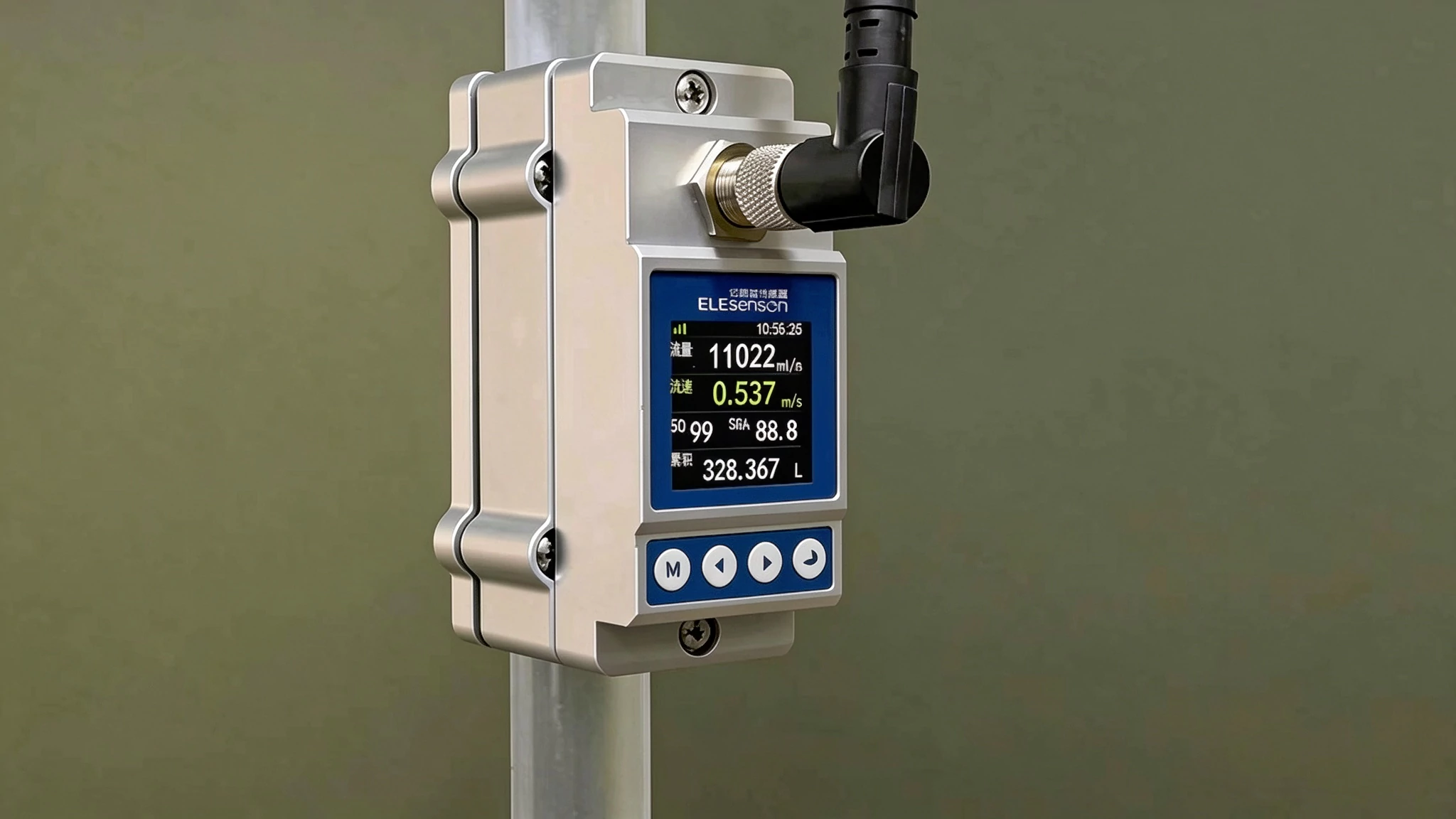 ELE ultrasonic flow meter display showing flow rate data