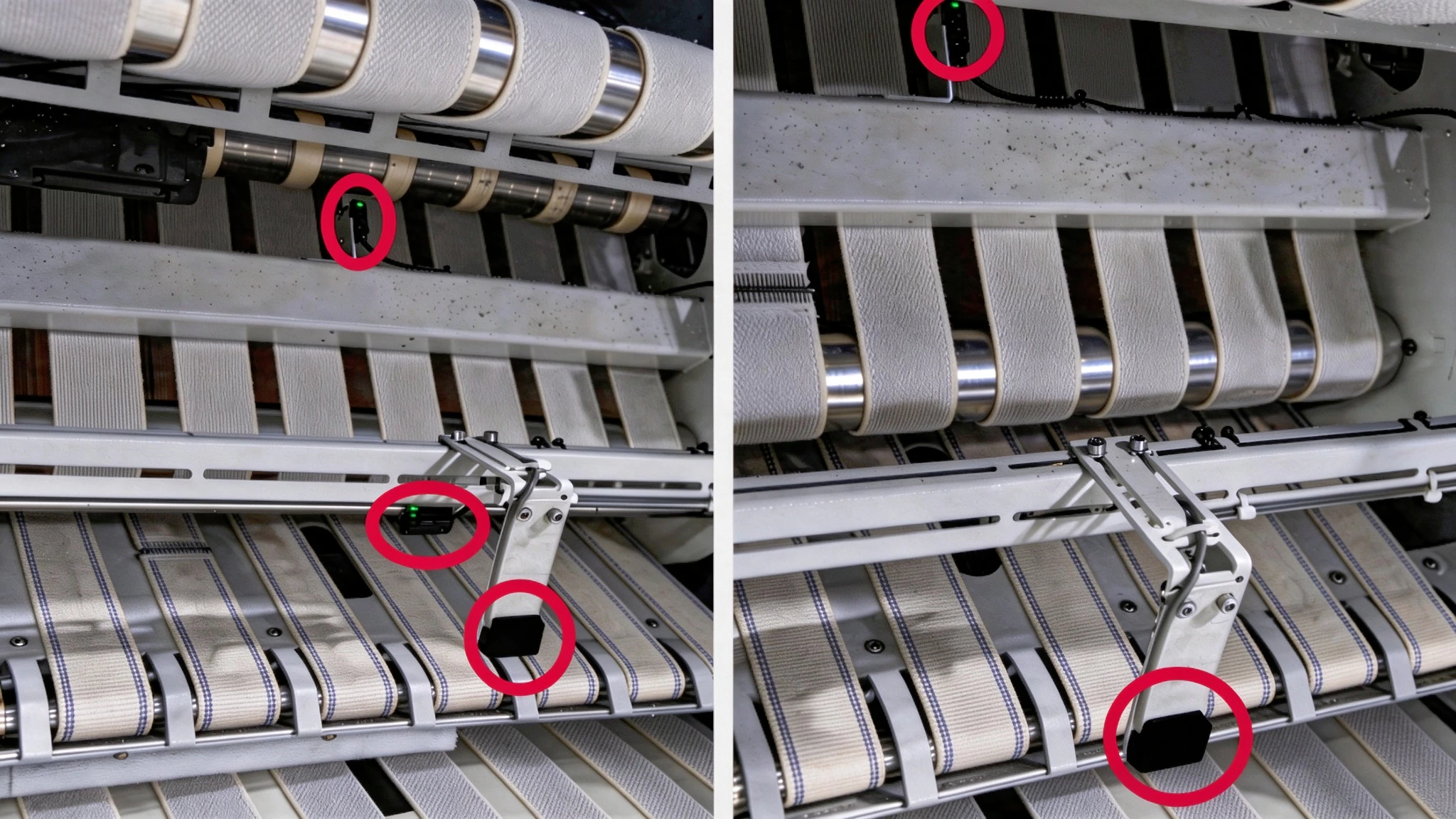 Photoelectric switches installed on laundry ironer conveyor, detect linen and control line workflow