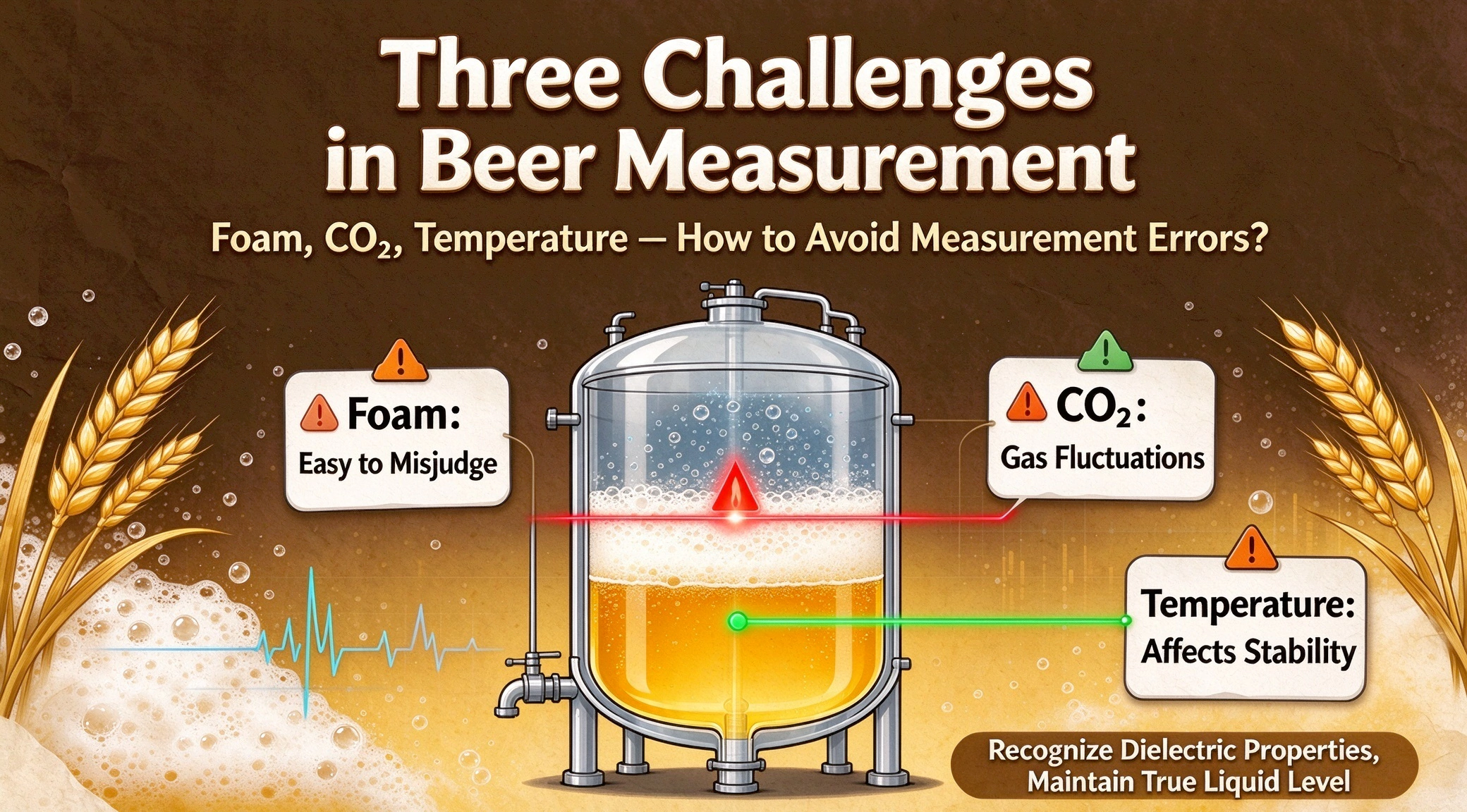 Brewery level sensor identifies foam and real liquid surface in beer fermenter